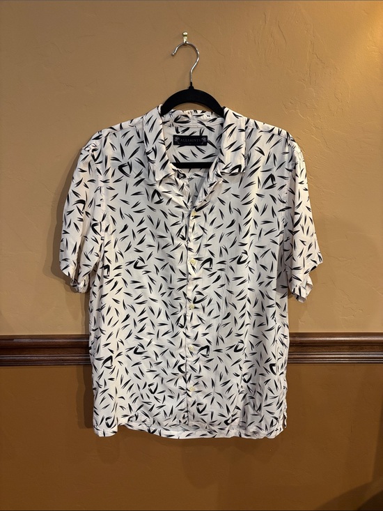 All Saints Other - ALL SAINTS White Short Sleeve Button-Up Shirt with Black Leaf Motif